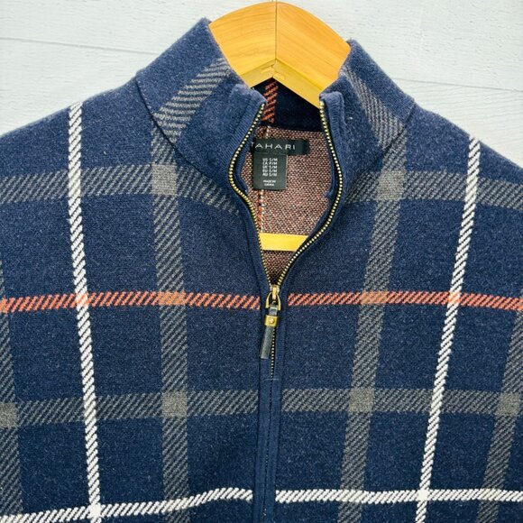 Tahari Plaid Zip Front Poncho Cape Sweater Knit Navy Multicolor Women’s S/M - Picture 5 of 15